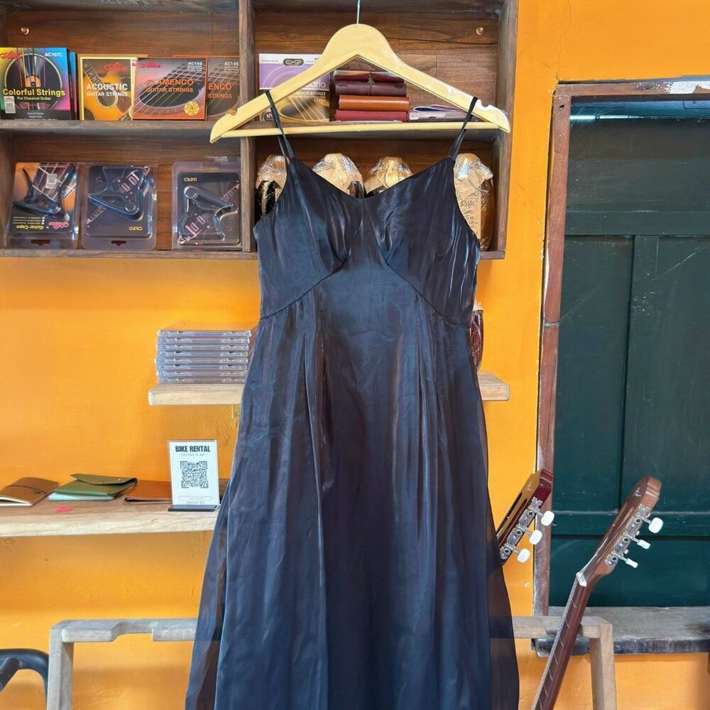 Black Satin Midi Dress Empire Waist Elegant